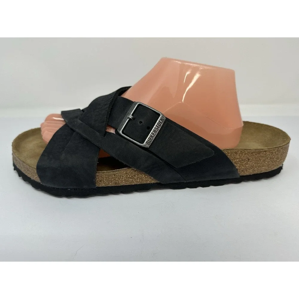 Birkenstock Lugano Suede Sandals SFB Black Mens Size 44 US 11 NWOB
